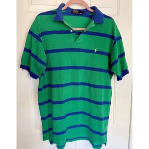 Polo By Ralph Lauren Men's Green & Blue Striped Short Sleeved Collared Shirt L